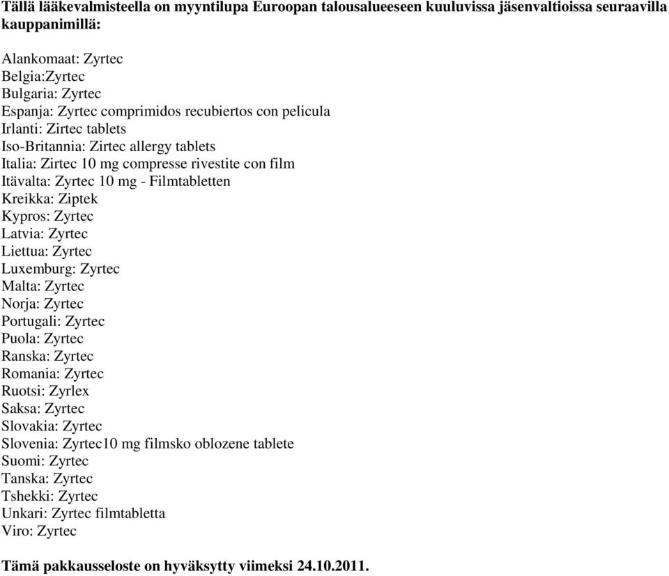 Kreikka: Ziptek Kypros: Zyrtec Latvia: Zyrtec Liettua: Zyrtec Luxemburg: Zyrtec Malta: Zyrtec Norja: Zyrtec Portugali: Zyrtec Puola: Zyrtec Ranska: Zyrtec Romania: Zyrtec Ruotsi: Zyrlex Saksa: