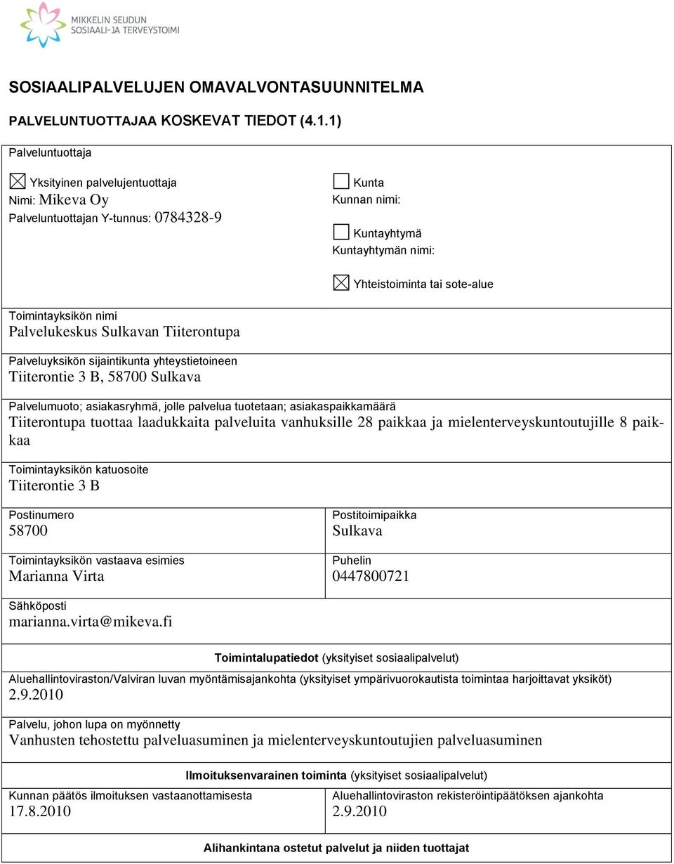 nimi Palvelukeskus Sulkavan Tiiterontupa Palveluyksikön sijaintikunta yhteystietoineen Tiiterontie 3 B, 58700 Sulkava Palvelumuoto; asiakasryhmä, jolle palvelua tuotetaan; asiakaspaikkamäärä