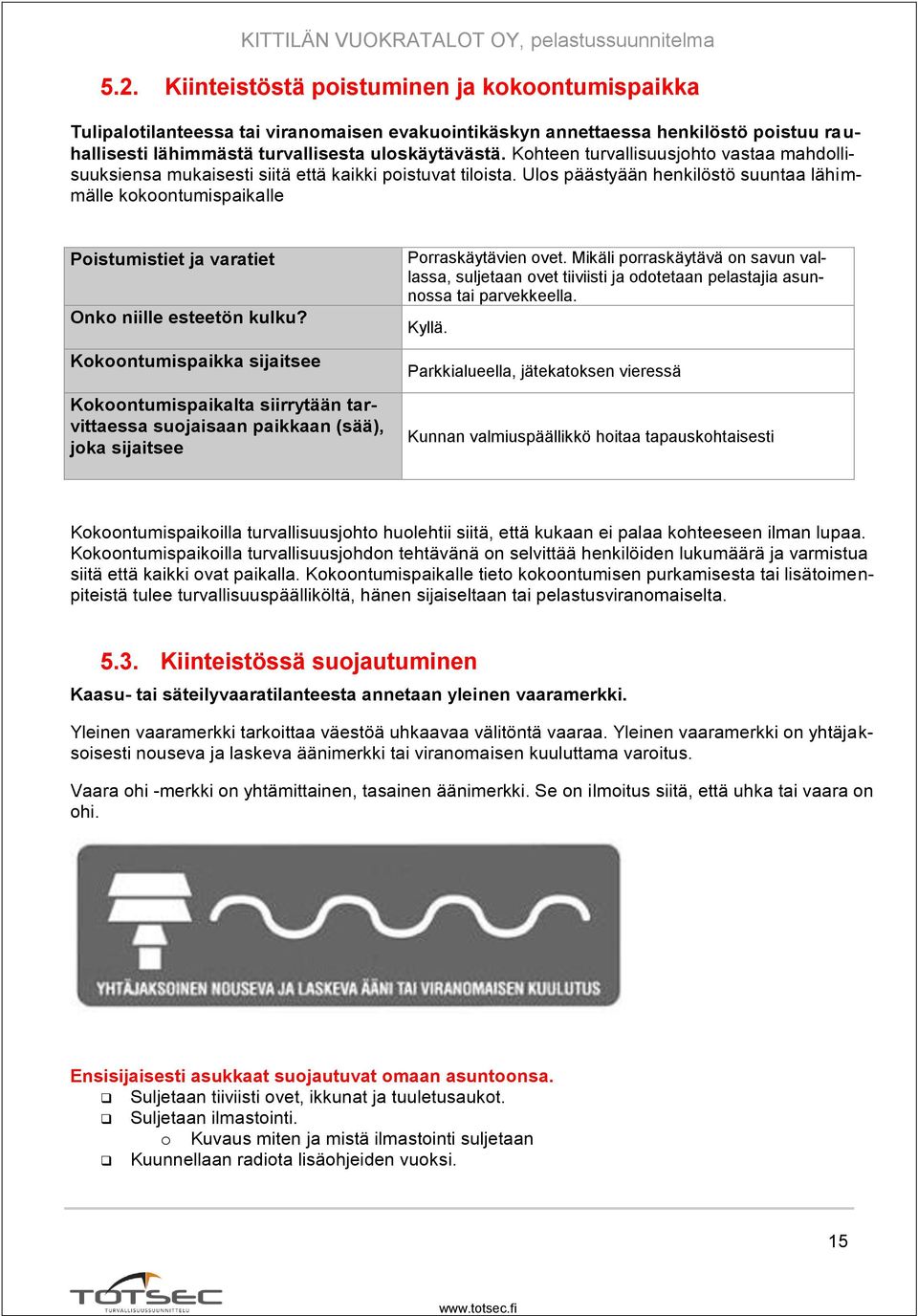 Ulos päästyään henkilöstö suuntaa lähimmälle kokoontumispaikalle Poistumistiet ja varatiet Onko niille esteetön kulku?