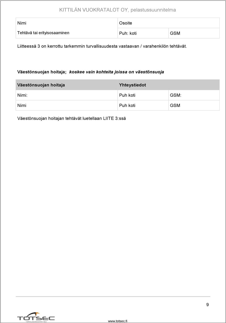 Väestönsuojan hoitaja; koskee vain kohteita joissa on väestönsuoja Väestönsuojan