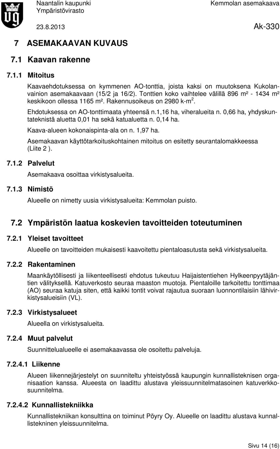 0,66 ha, yhdyskuntateknistä aluetta 0,01 ha sekä katualuetta n. 0,14 ha. Kaava-alueen kokonaispinta-ala on n. 1,97 ha.