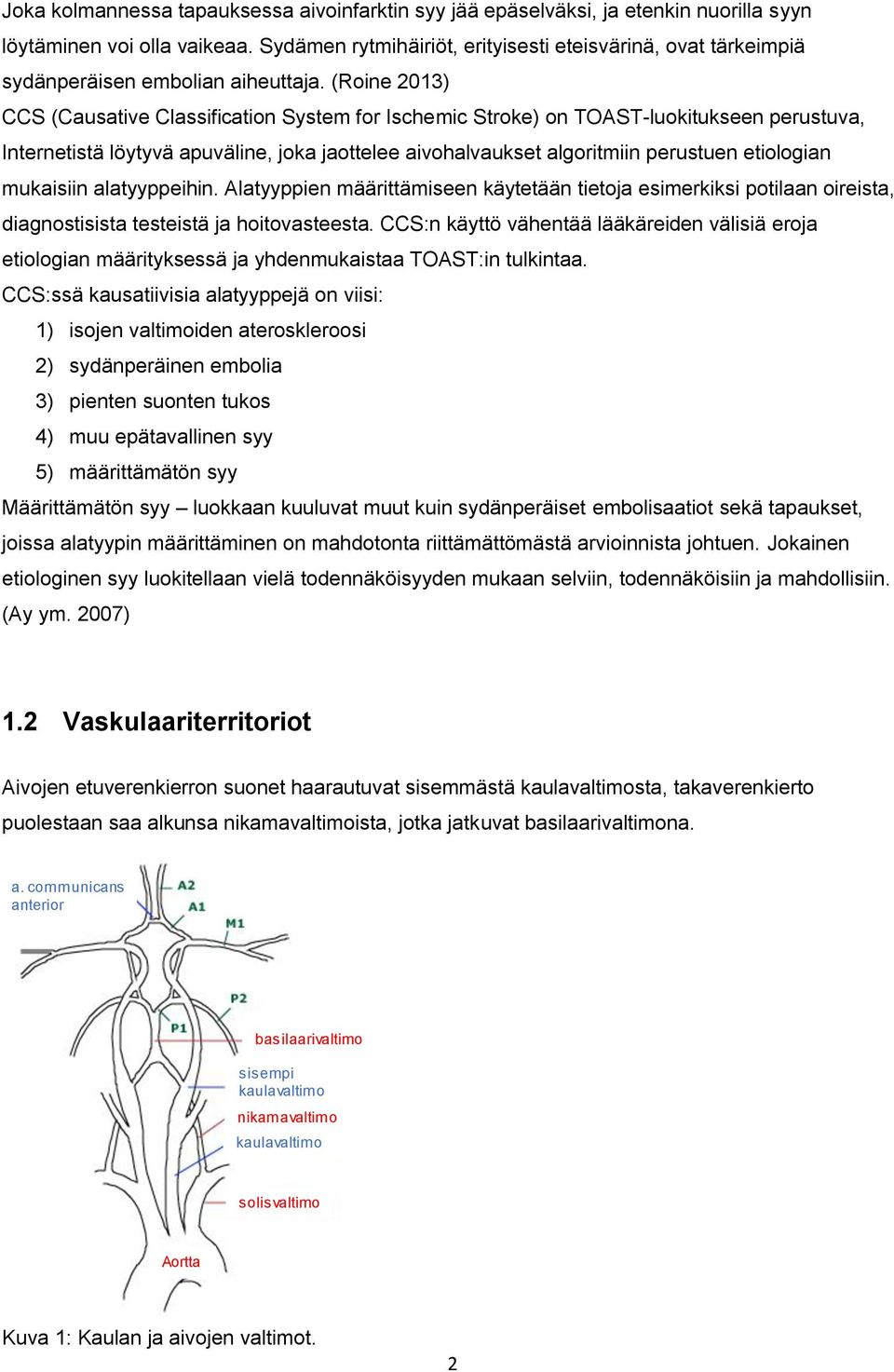 (Roine 2013) CCS (Causative Classification System for Ischemic Stroke) on TOAST-luokitukseen perustuva, Internetistä löytyvä apuväline, joka jaottelee aivohalvaukset algoritmiin perustuen etiologian