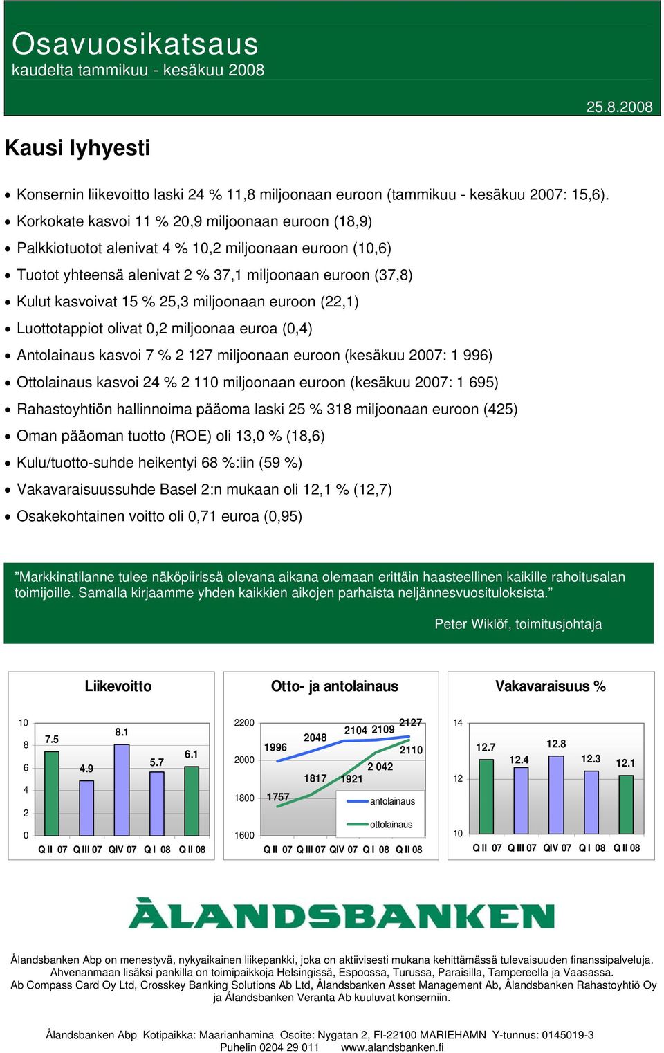 miljoonaan euroon (22,1) Luottotappiot olivat 0,2 miljoonaa euroa (0,4) Antolainaus kasvoi 7 % 2 127 miljoonaan euroon (kesäkuu 2007: 1 996) Ottolainaus kasvoi 24 % 2 110 miljoonaan euroon (kesäkuu