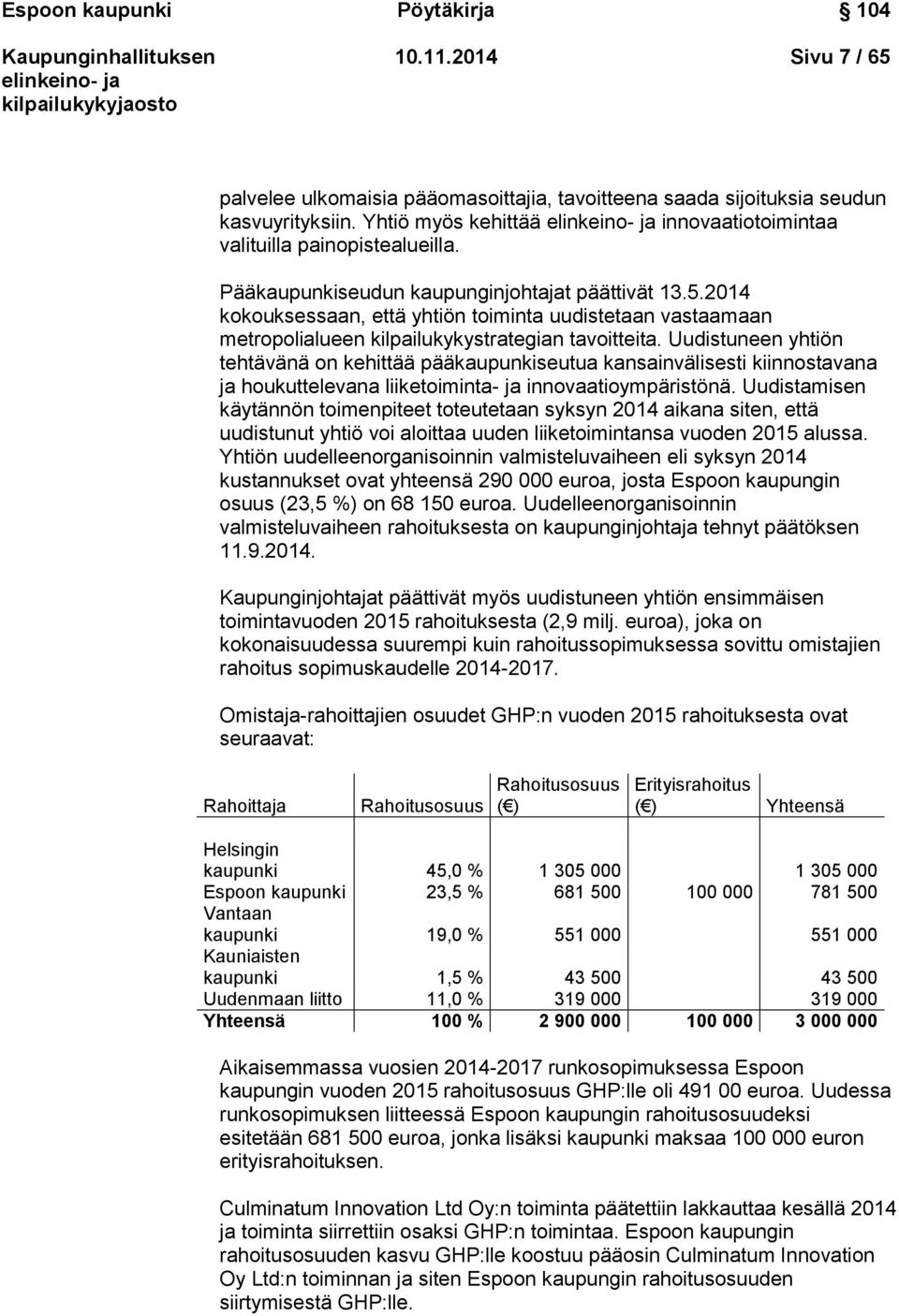 2014 kokouksessaan, että yhtiön toiminta uudistetaan vastaamaan metropolialueen kilpailukykystrategian tavoitteita.