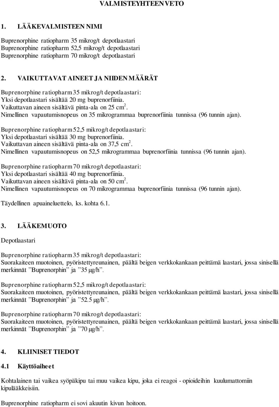 Nimellinen vapautumisnopeus on 35 mikrogrammaa buprenorfiinia tunnissa (96 tunnin ajan). Buprenorphine ratiopharm 52,5 mikrog/t depotlaastari: Yksi depotlaastari sisältää 30 mg buprenorfiinia.