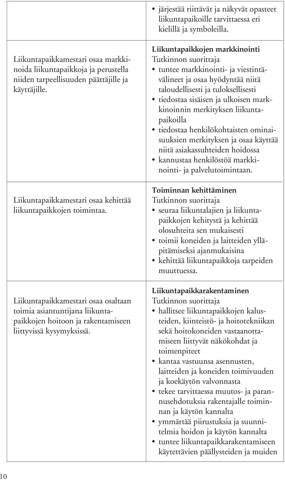 Liikuntapaikkamestari osaa osaltaan toimia asiantuntijana liikuntapaikkojen hoitoon ja rakentamiseen liittyvissä kysymyksissä.