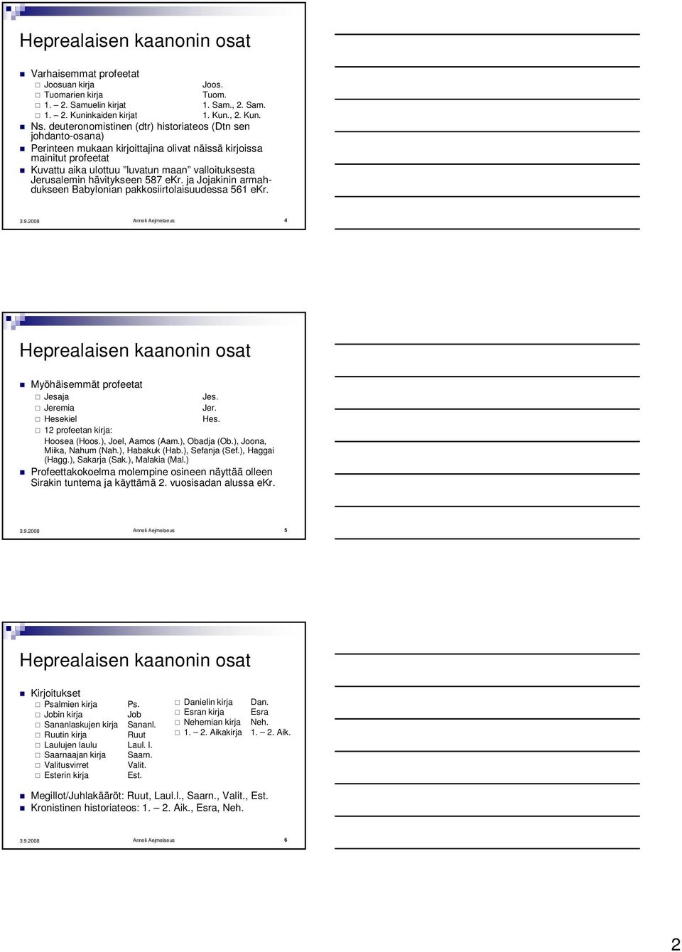 hävitykseen 587 ekr. ja Jojakinin armahdukseen Babylonian pakkosiirtolaisuudessa 561 ekr. Anneli Aejmelaeus 4 Heprealaisen kaanonin osat Myöhäisemmät profeetat Jesaja Jes. Jeremia Jer. Hesekiel Hes.