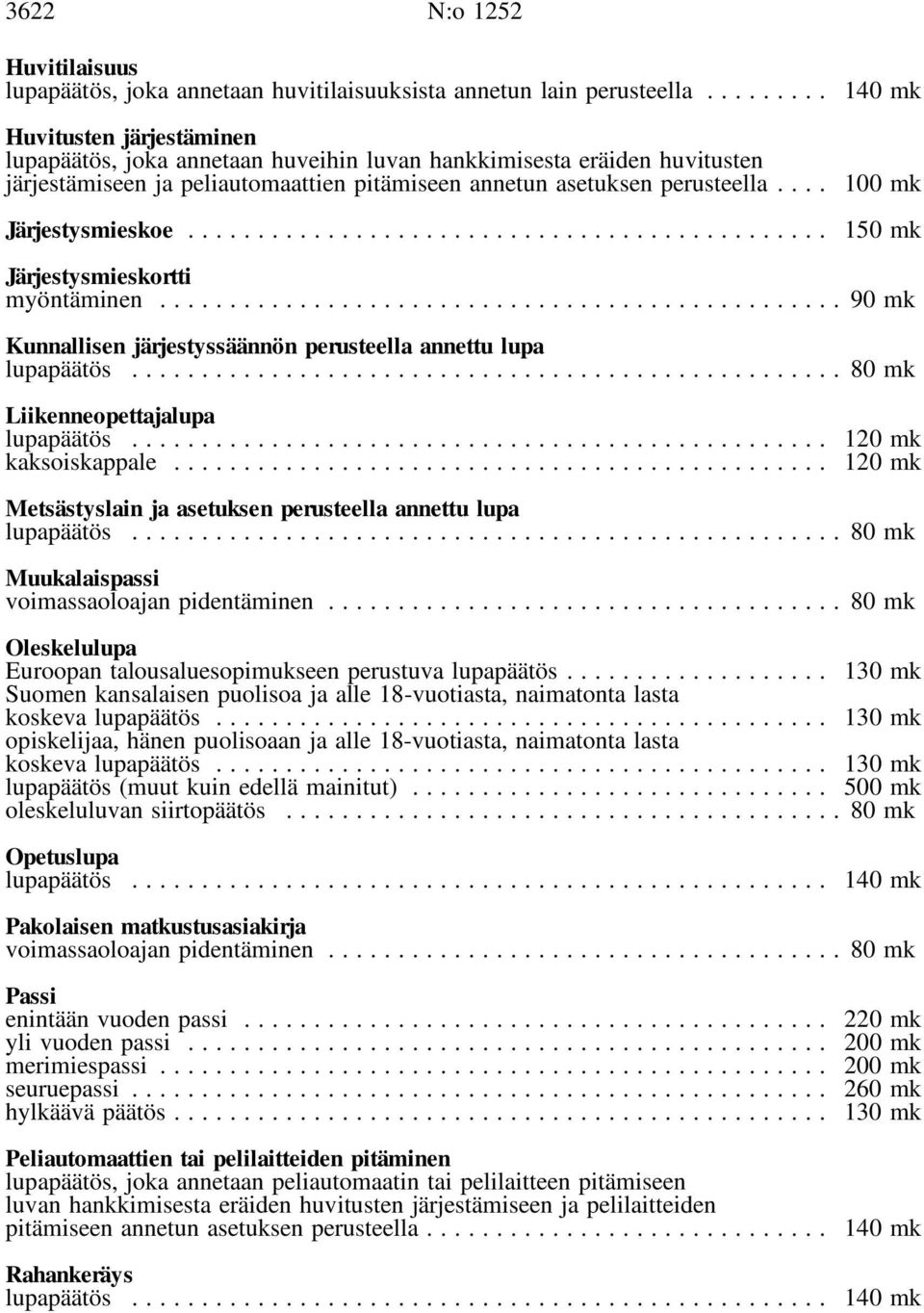 .. 140 mk 100 mk 150 mk Järjestysmieskortti myöntäminen... 90 mk Kunnallisen järjestyssäännön perusteella annettu lupa lupapäätös... 80 mk Liikenneopettajalupa lupapäätös... 120 mk kaksoiskappale.