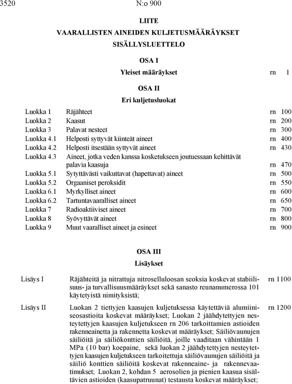 3 Aineet, jotka veden kanssa kosketukseen joutuessaan kehittävät palavia kaasuja rn 470 Luokka 5.1 Sytyttävästi vaikuttavat (hapettavat) aineet rn 500 Luokka 5.2 Orgaaniset peroksidit rn 550 Luokka 6.