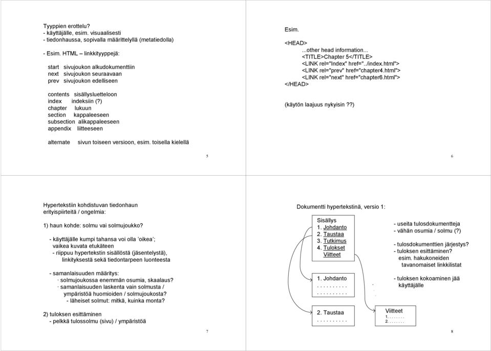 ) chapter lukuun section kappaleeseen subsection alikappaleeseen appendix liitteeseen Esim. <HEAD>...other head information... <TITLE>Chapter 5</TITLE> <LINK rel="index" href="../index.