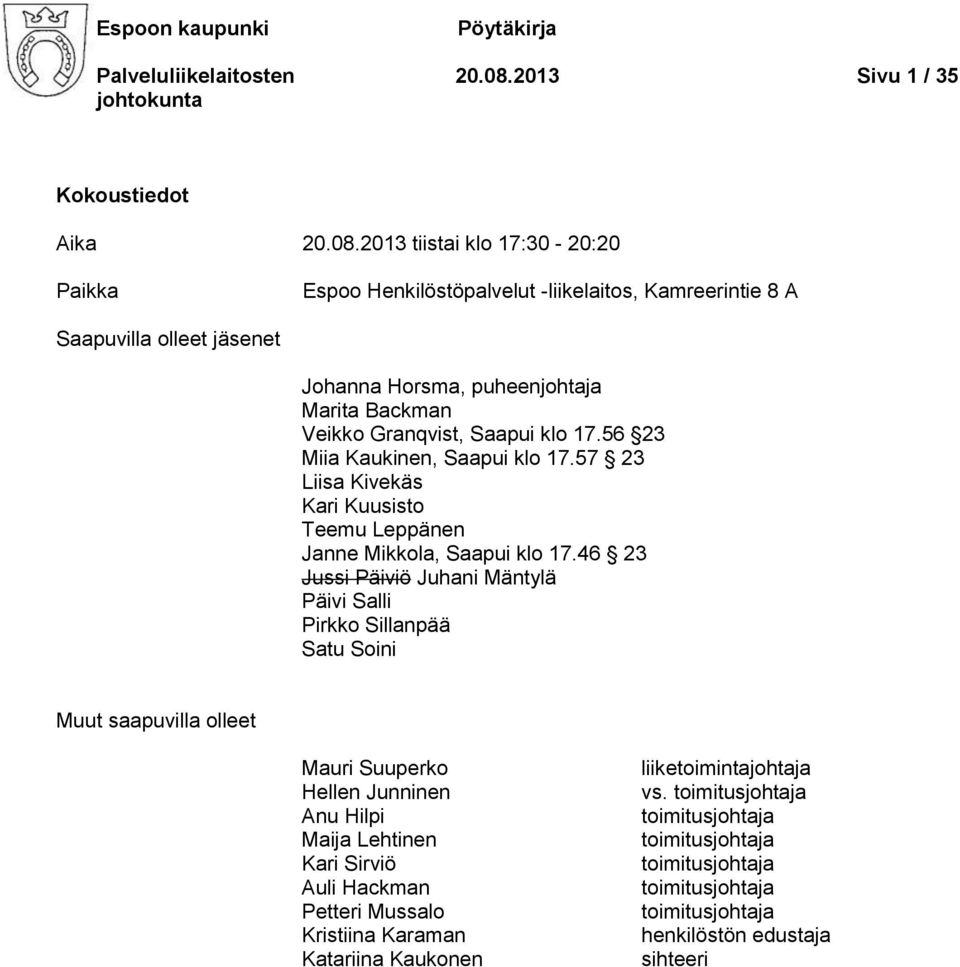 2013 tiistai klo 17:30-20:20 Paikka Espoo Henkilöstöpalvelut -liikelaitos, Kamreerintie 8 A Saapuvilla olleet jäsenet Johanna Horsma, puheenjohtaja Marita Backman Veikko Granqvist, Saapui