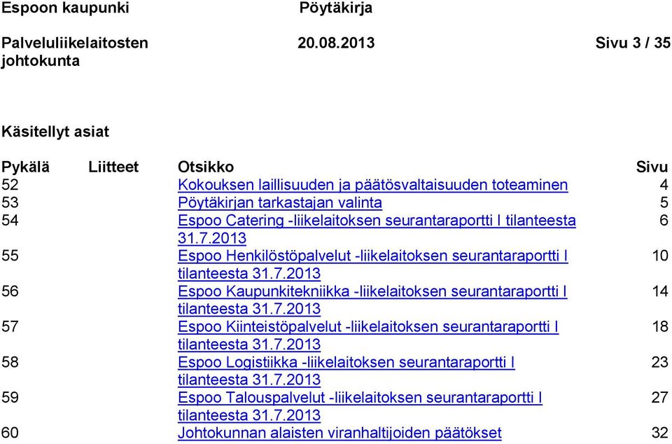 -liikelaitoksen seurantaraportti I tilanteesta 6 31.7.2013 55 Espoo Henkilöstöpalvelut -liikelaitoksen seurantaraportti I 10 tilanteesta 31.7.2013 56 Espoo Kaupunkitekniikka -liikelaitoksen seurantaraportti I 14 tilanteesta 31.
