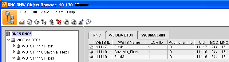 32 WBTS 11117 Flexi1, WBTS 11118 Savonia_Flexi1, WBTS 11119 Flexi3. NSN:n Application Launcher/RNC RNW Object Browser on oivallinen työkalu radioverkko-ohjaimen tarkasteluun ja konfigurointiin.