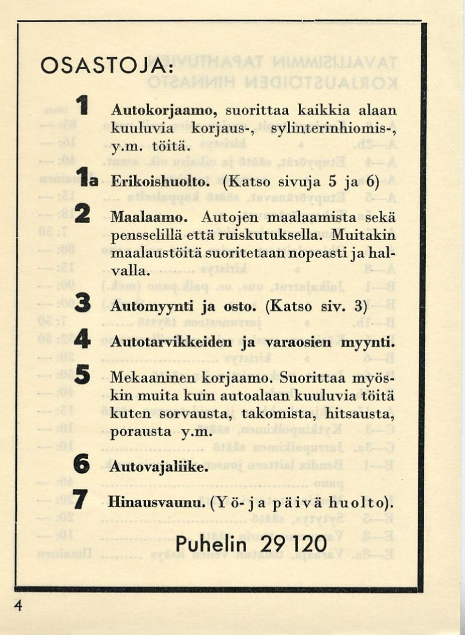 Muitakin maalaustöitä suoritetaan nopeasti ja halvalla. 3 Automyynti ja osto. (Katso siv. 3) 4 1 Autotarvikkeiden ja varaosien myynti.