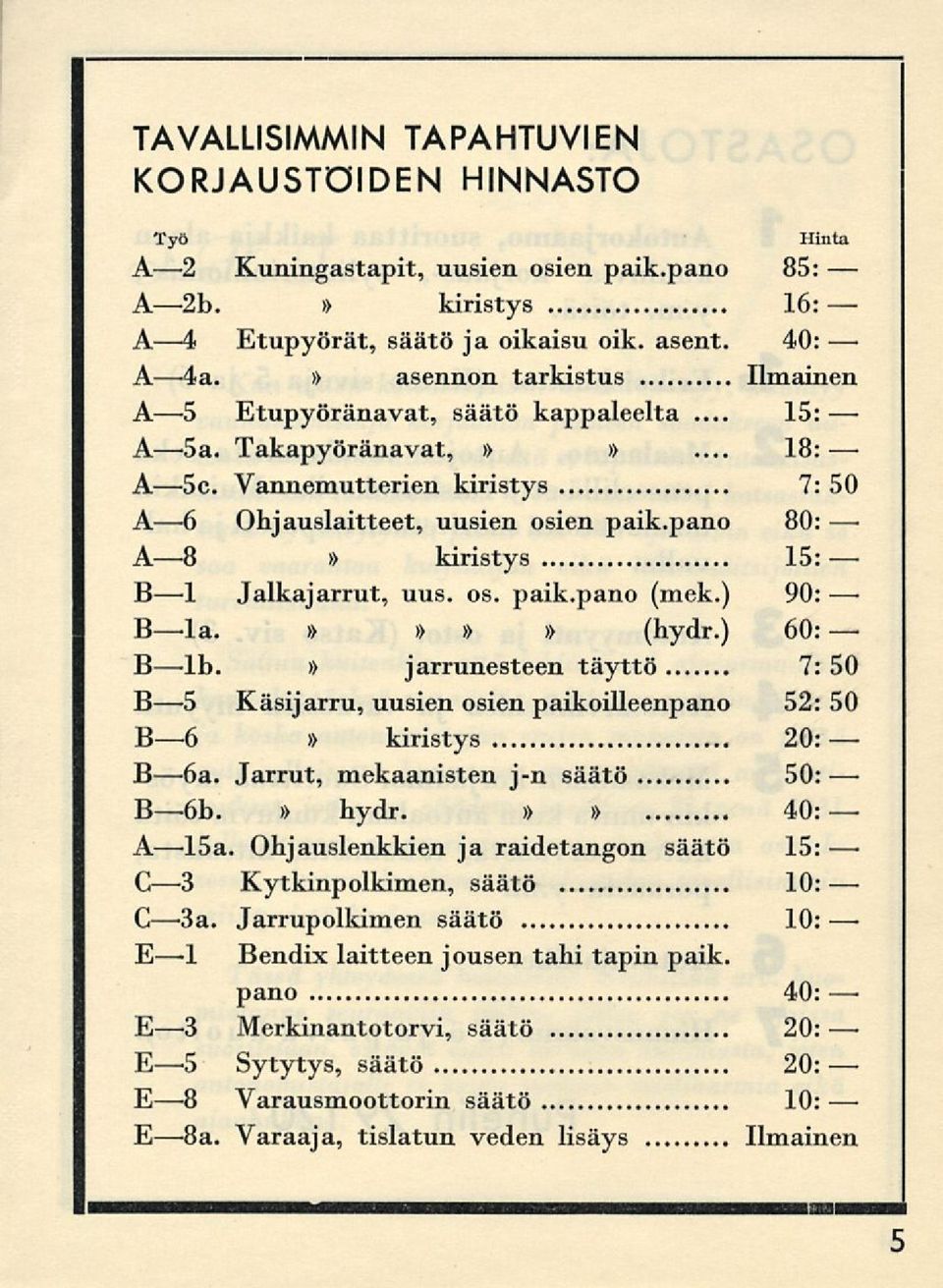 pano 80: AB» kiristys Bl Jalkajarrut, uus. os. paik.pano (mek.) 90:»»» Bla.» (hydr.) 60: Blb.» jarrunesteen täyttö 7: 50 Bs Käsijarru, uusien osien paikoilleenpano 52: 50 B6» kiristys 20: B6a.