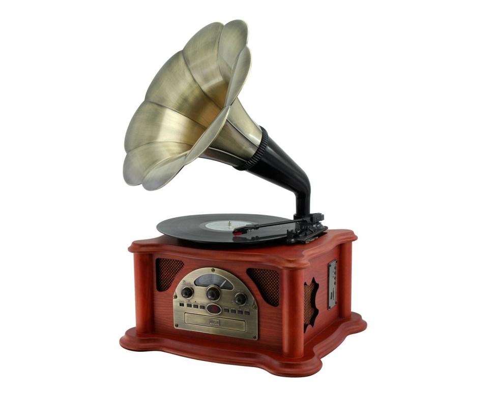 5in1 Music Center with horn and turntable (LP, CD/MP3, USB/SD, Radio) Tekniset tiedot: - Puinen runko - Horn Speaker - 2 x 2w kaiuttimet - Levysoitin -