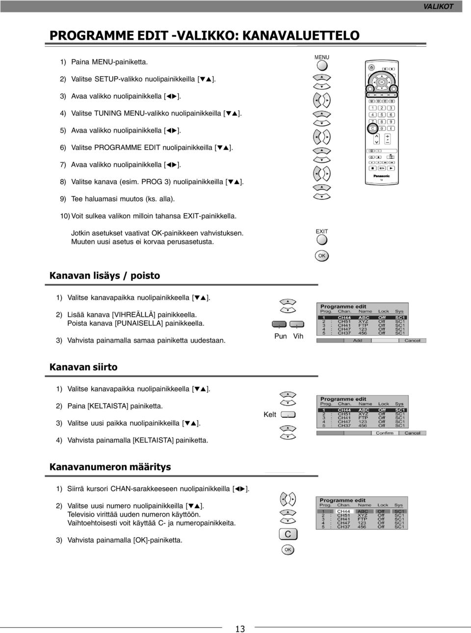 8) Valitse kanava (esim. PROG 3) nuolipainikkeilla [TS]. 9) Tee haluamasi muutos (ks. alla). 10) Voit sulkea valikon milloin tahansa EXIT-painikkella.