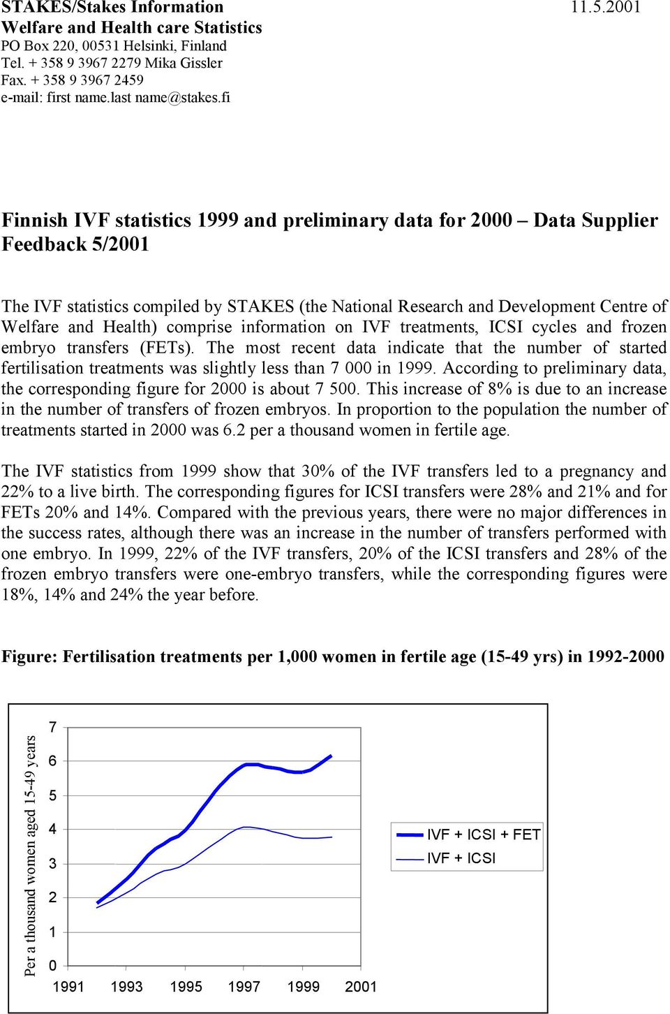 fi Finnish IVF statistics 1999 and preliminary data for 2000 Data Supplier Feedback 5/2001 The IVF statistics compiled by STAKES (the National Research and Development Centre of Welfare and Health)