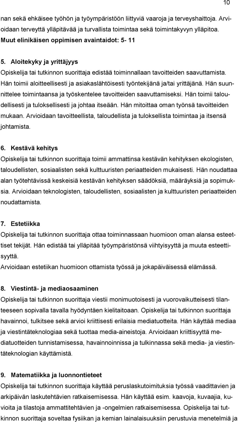 Hän toimii aloitteellisesti ja asiakaslähtöisesti työntekijänä ja/tai yrittäjänä. Hän suunnittelee toimintaansa ja työskentelee tavoitteiden saavuttamiseksi.