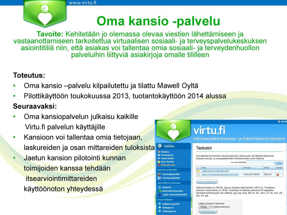 kilpailutettu ja tilattu Mawell Oyltä Pilottikäyttöön toukokuussa 2013, tuotantokäyttöön 2014 alussa Seuraavaksi: Oma kansiopalvelun julkaisu kaikille Virtu.