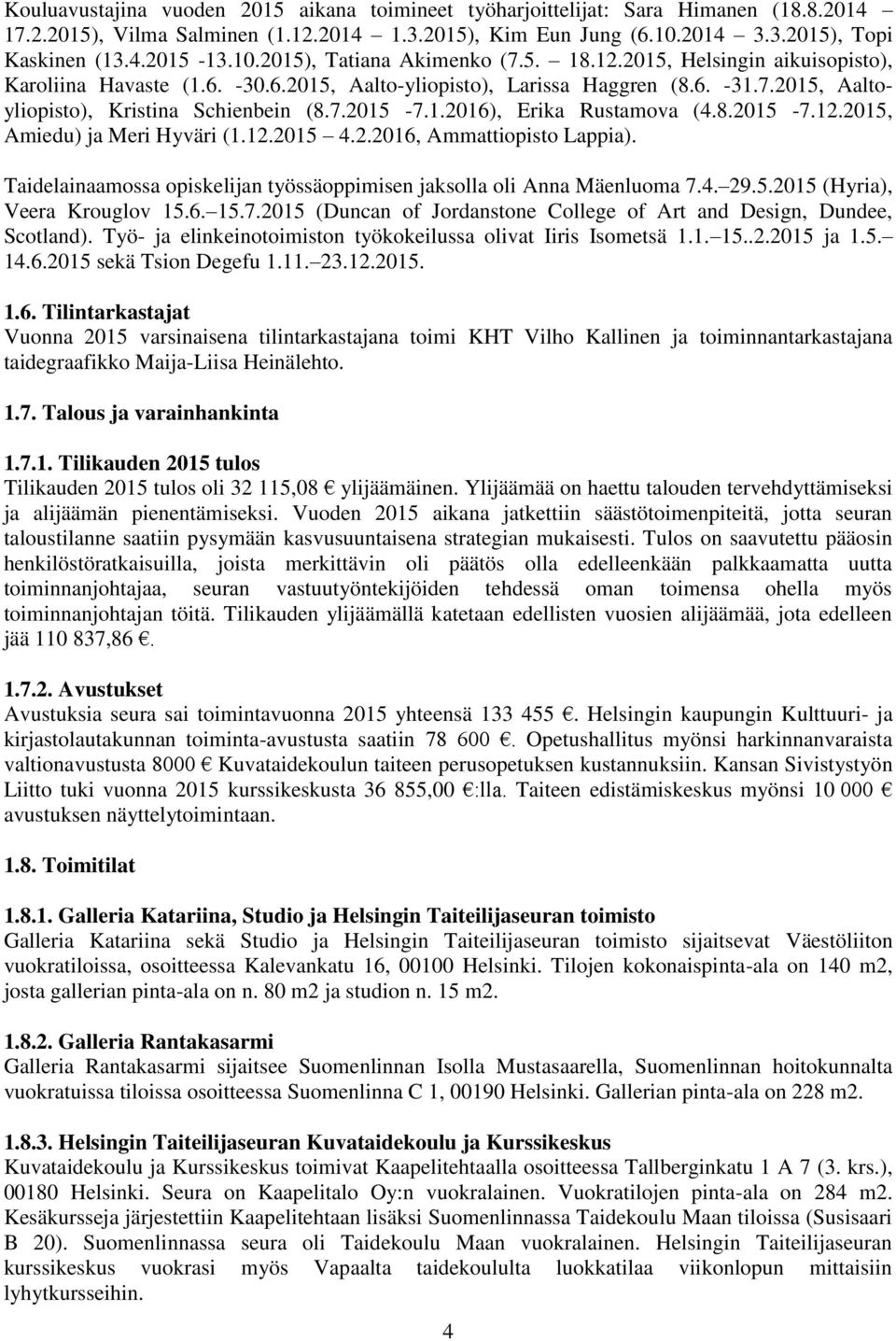 1.2016), Erika Rustamova (4.8.2015-7.12.2015, Amiedu) ja Meri Hyväri (1.12.2015 4.2.2016, Ammattiopisto Lappia). Taidelainaamossa opiskelijan työssäoppimisen jaksolla oli Anna Mäenluoma 7.4. 29.5.2015 (Hyria), Veera Krouglov 15.