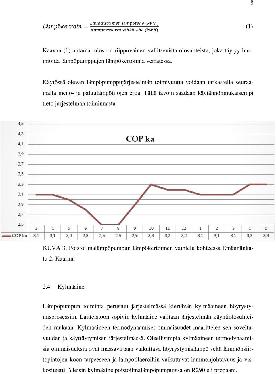 Poistoilmalämpöpumpun lämpökertoimen vaihtelu kohteessa Emännänkatu 2, Kaarina 2.4 Kylmäaine Lämpöpumpun toiminta perustuu järjestelmässä kiertävän kylmäaineen höyrystymisprosessiin.