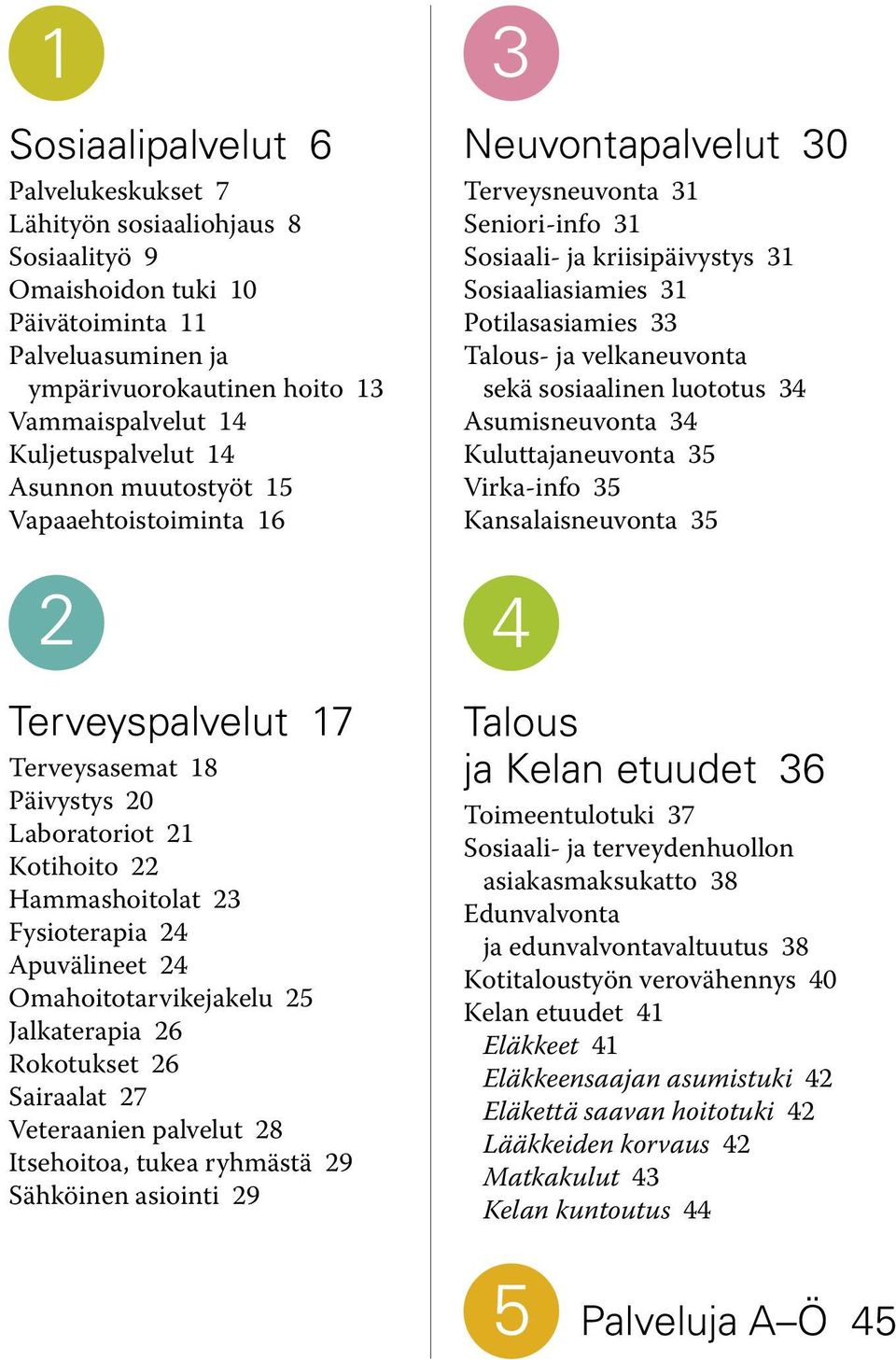 Omahoitotarvikejakelu 25 Jalkaterapia 26 Rokotukset 26 Sairaalat 27 Veteraanien palvelut 28 Itsehoitoa, tukea ryhmästä 29 Sähköinen asiointi 29 3 Neuvontapalvelut 30 Terveysneuvonta 31 Seniori-info