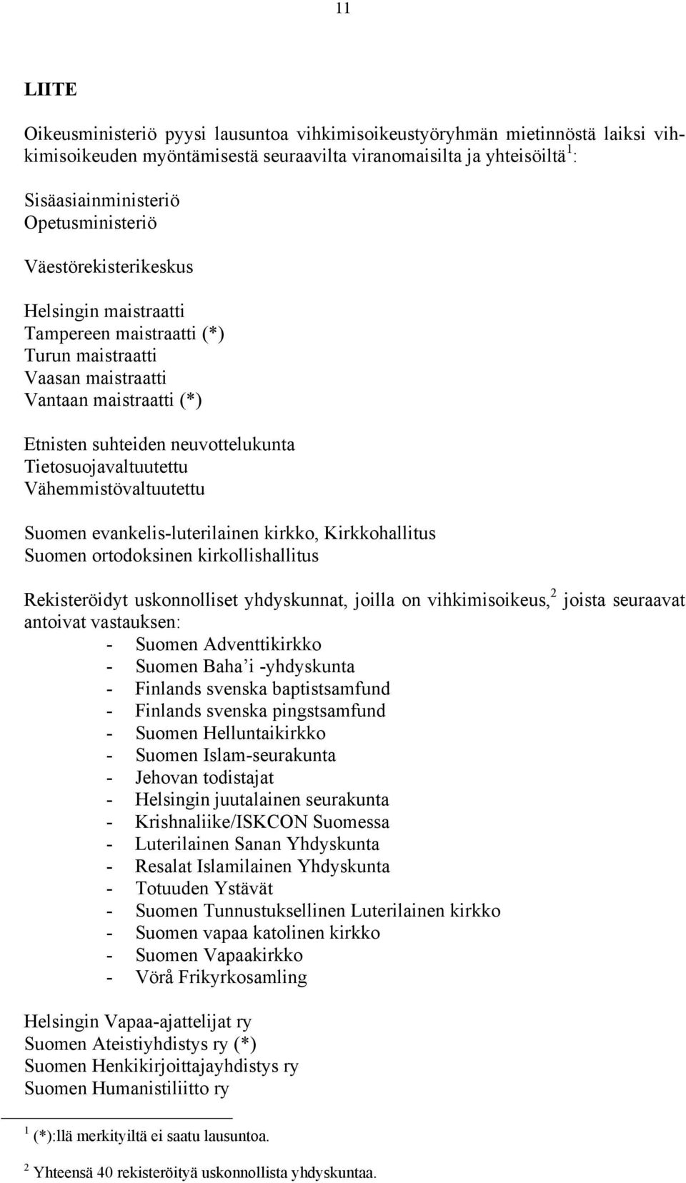 Vähemmistövaltuutettu Suomen evankelis-luterilainen kirkko, Kirkkohallitus Suomen ortodoksinen kirkollishallitus Rekisteröidyt uskonnolliset yhdyskunnat, joilla on vihkimisoikeus, 2 joista seuraavat