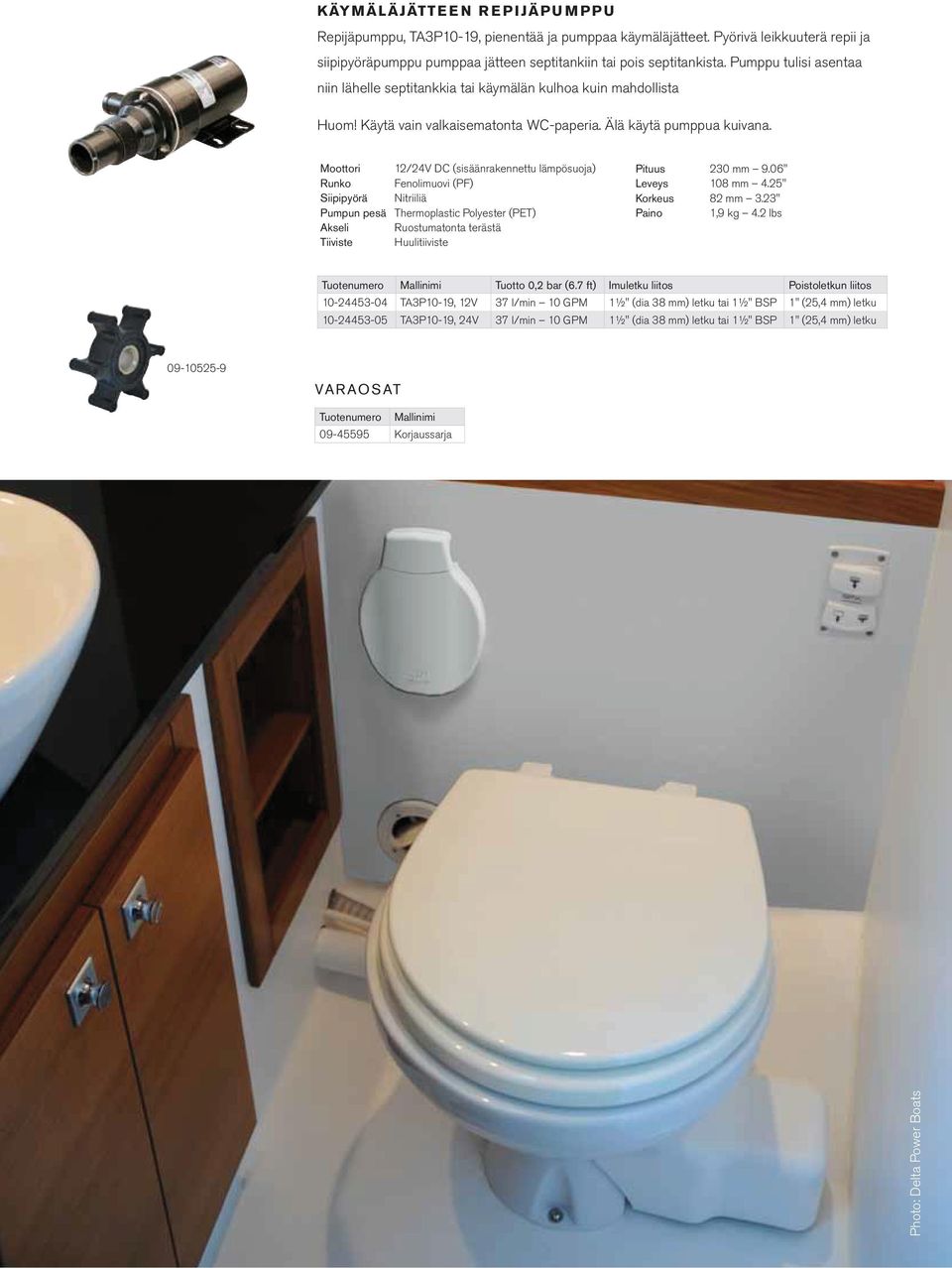 Moottori 12/24V DC (sisäänrakennettu lämpösuoja) Runko Fenolimuovi (PF) Siipipyörä Nitriiliä Pumpun pesä Thermoplastic Polyester (PET) Akseli Ruostumatonta terästä Tiiviste Huulitiiviste Pituus 230