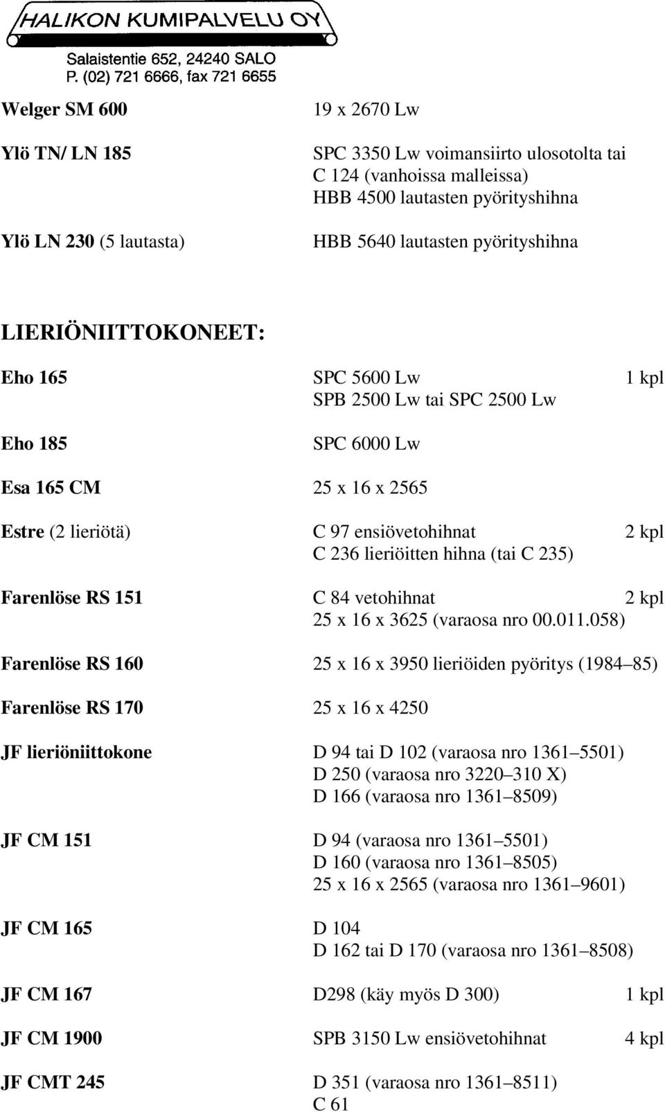 235) Farenlöse RS 151 C 84 vetohihnat 2 kpl 25 x 16 x 3625 (varaosa nro 00.011.