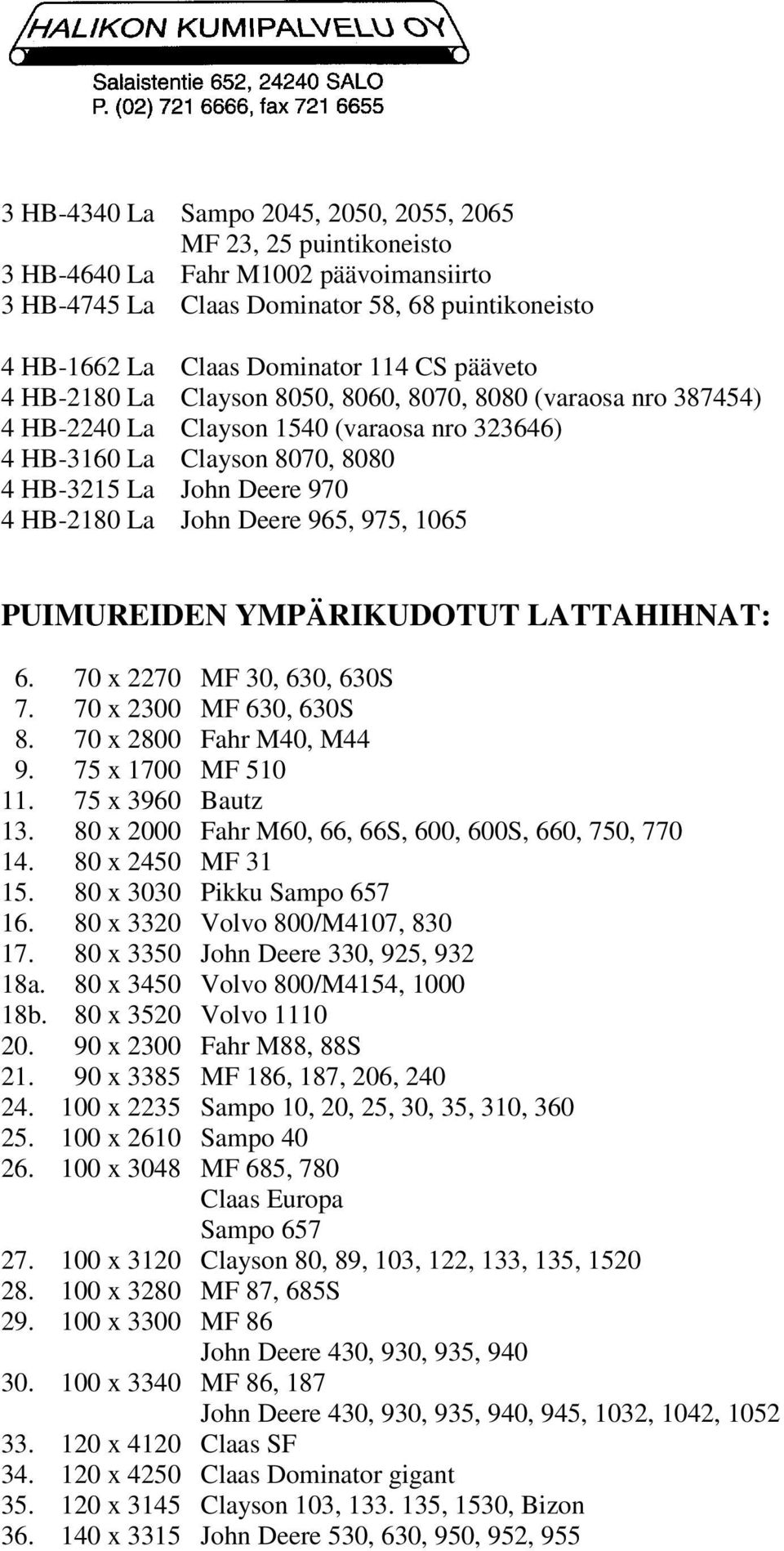 Deere 965, 975, 1065 PUIMUREIDEN YMPÄRIKUDOTUT LATTAHIHNAT: 6. 70 x 2270 MF 30, 630, 630S 7. 70 x 2300 MF 630, 630S 8. 70 x 2800 Fahr M40, M44 9. 75 x 1700 MF 510 11. 75 x 3960 Bautz 13.