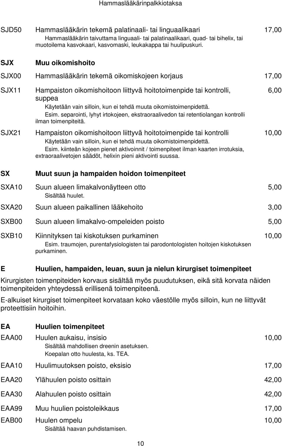 17,00 SJX Muu oikomishoito SJX00 Hammaslääkärin tekemä oikomiskojeen korjaus 17,00 SJX11 SJX21 SX Hampaiston oikomishoitoon liittyvä hoitotoimenpide tai kontrolli, suppea Käytetään vain silloin, kun