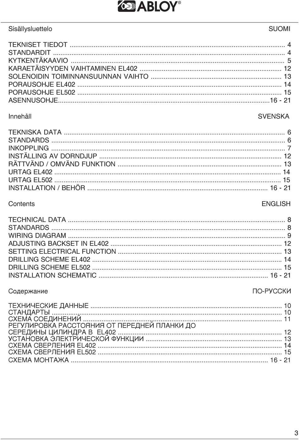 .. 15 INSTALLATION / BEHÖR... 16-21 Contents ENGLISH TECHNICAL DATA... 8 STANDARDS... 8 WIRING DIAGRAM... 9 ADJUSTING BACKSET IN EL402... 12 SETTING ELECTRICAL FUNCTION... 13 DRILLING SCHEME EL402.