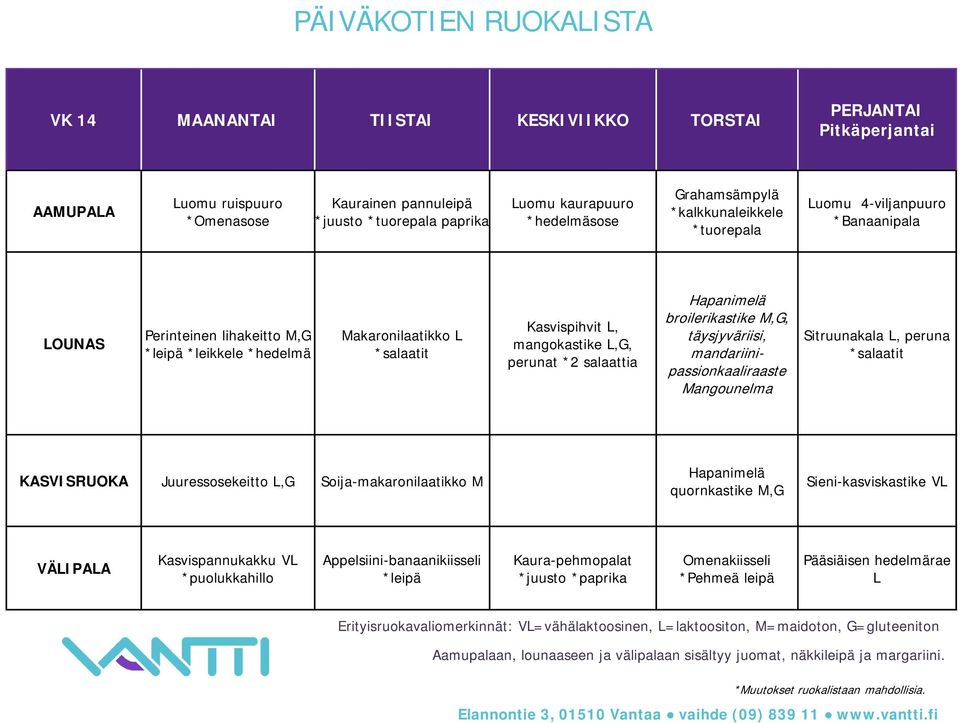 M,G, täysjyväriisi, mandariinipassionkaaliraaste Mangounelma Sitruunakala L, peruna Juuressosekeitto L,G Soija-makaronilaatikko M Hapanimelä quornkastike M,G