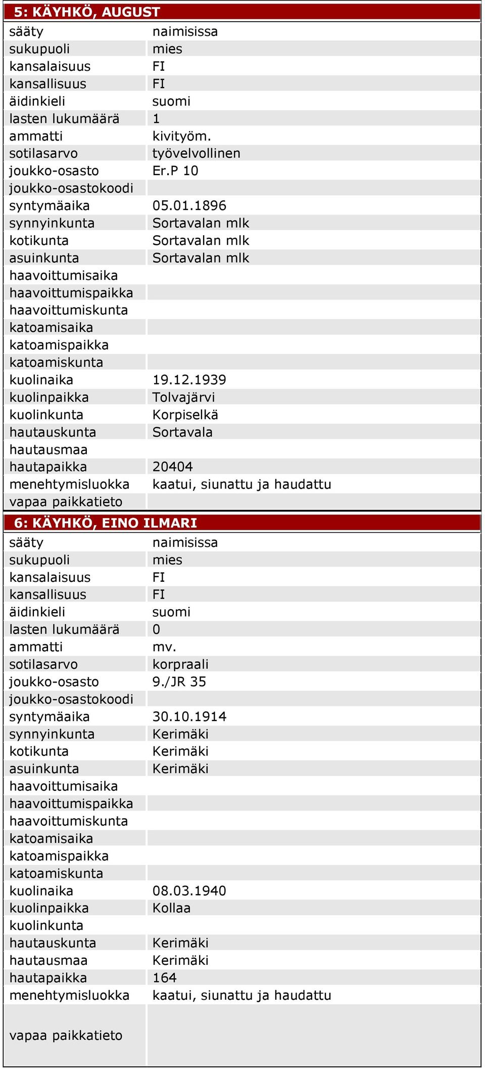 1939 kuolinpaikka Tolvajärvi Korpiselkä hautauskunta Sortavala hautausmaa hautapaikka 20404 6: KÄYHKÖ, EINO ILMARI sotilasarvo korpraali