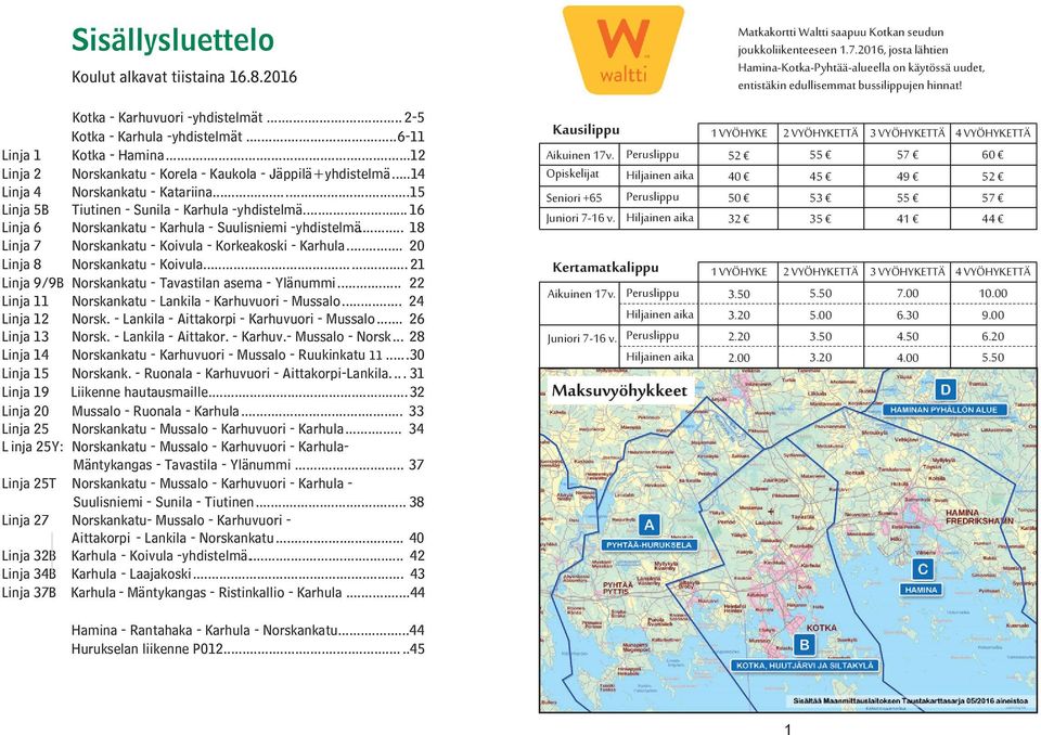 ..12 Linja 2 - Korela - Kaukola - Jäppilä+yhdistelmä...14 Linja 4 - Katariina...15 Linja Tiutinen - Sunila - -yhdistelmä...16 Linja 6 - - -yhdistelmä... 18 Linja 7 - Koivula - Korkeakoski -.