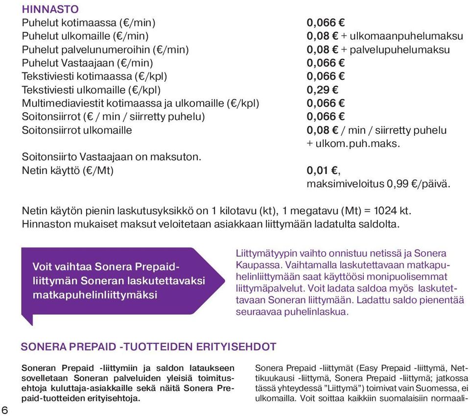 ulkomaille 0,08 / min / siirretty puhelu + ulkom.puh.maks. Soitonsiirto Vastaajaan on maksuton. Netin käyttö ( /Mt) 0,01, maksimiveloitus 0,99 /päivä.