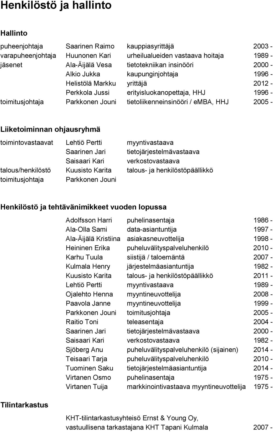 HHJ 2005 - Liiketoiminnan ohjausryhmä toimintovastaavat Lehtiö Pertti myyntivastaava Saarinen Jari tietojärjestelmävastaava Saisaari Kari verkostovastaava talous/henkilöstö Kuusisto Karita talous- ja