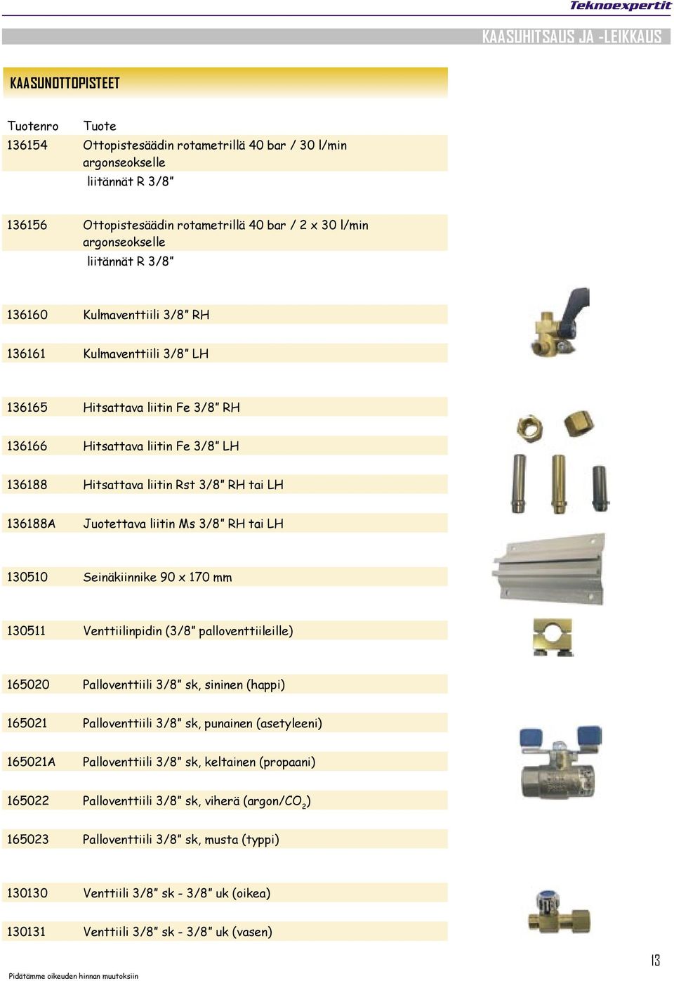 tai LH 130510 Seinäkiinnike 90 x 170 mm 130511 Venttiilinpidin (3/8 palloventtiileille) 165020 Palloventtiili 3/8 sk, sininen (happi) 165021 Palloventtiili 3/8 sk, punainen (asetyleeni) 165021A