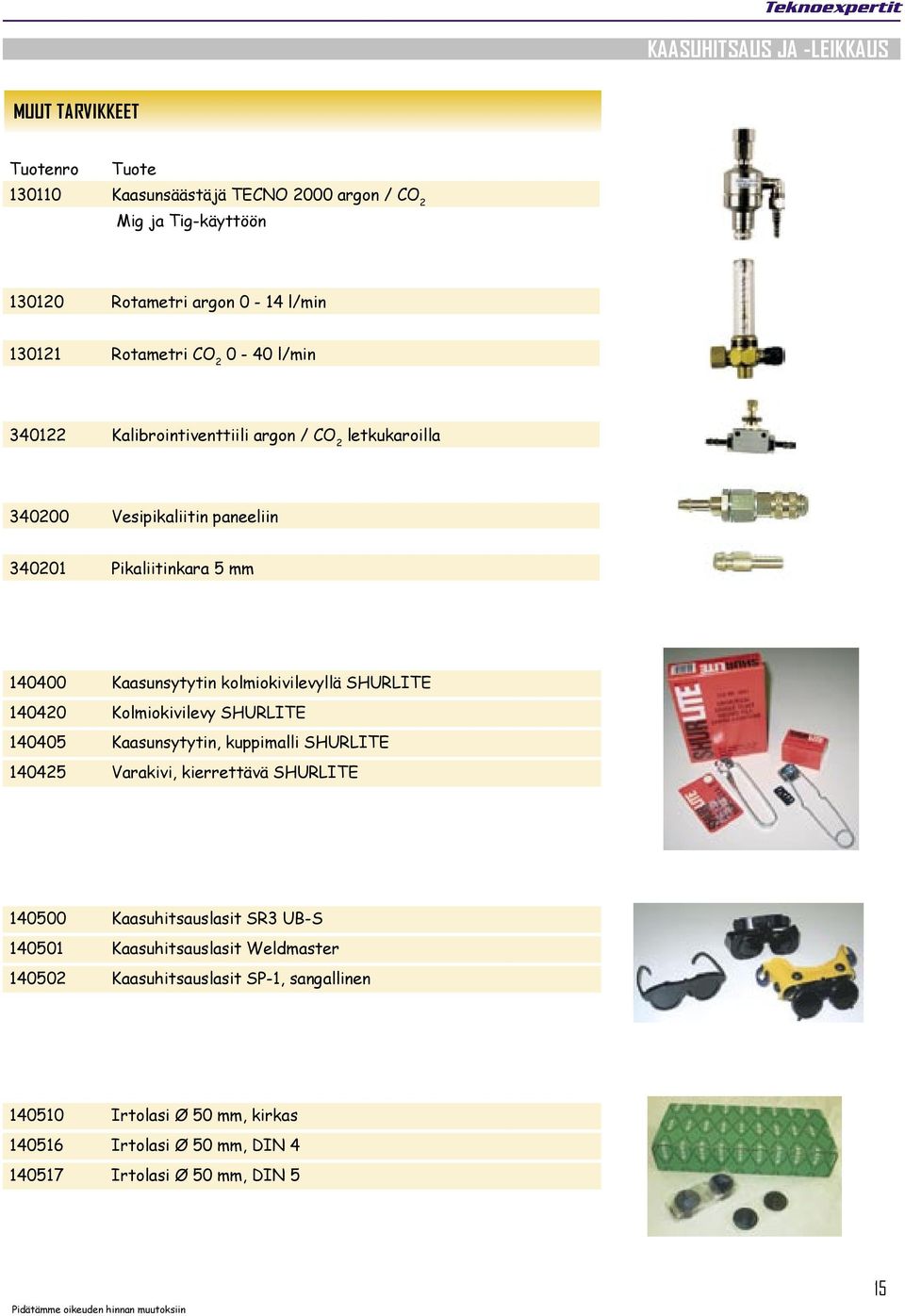 140420 Kolmiokivilevy SHURLITE 140405 Kaasunsytytin, kuppimalli SHURLITE 140425 Varakivi, kierrettävä SHURLITE 140500 Kaasuhitsauslasit SR3 UB-S 140501