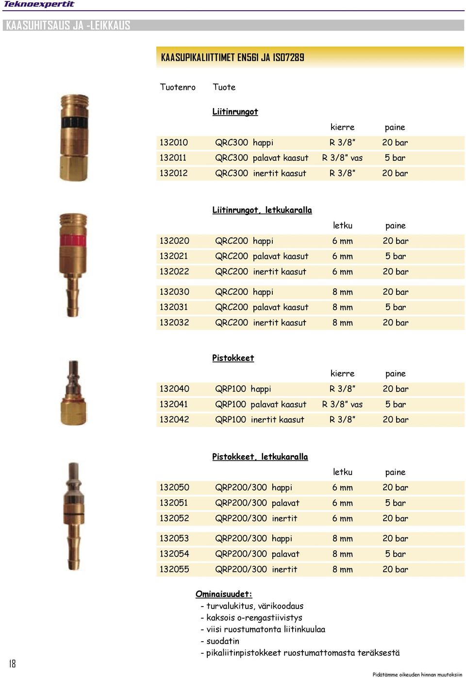 8 mm 5 bar 132032 QRC200 inertit kaasut 8 mm 20 bar Pistokkeet kierre paine 132040 QRP100 happi R 3/8 20 bar 132041 QRP100 palavat kaasut R 3/8 vas 5 bar 132042 QRP100 inertit kaasut R 3/8 20 bar