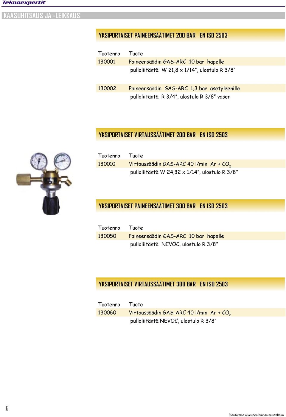 2503 130010 Virtaussäädin GAS-ARC 40 l/min Ar + CO 2 pulloliitäntä W 24,32 x 1/14, ulostulo R 3/8 YKSIPORTAISET PAINEENSÄÄTIMET 300 BAR EN