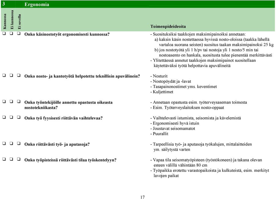 nostotyötä yli 1 h/pv tai nostoja yli 1 nosto/5 min tai nostoasento on hankala, suositusta tulee pienentää merkittävästi - Ylitettäessä annetut taakkojen maksimipainot suositellaan käytettäväksi