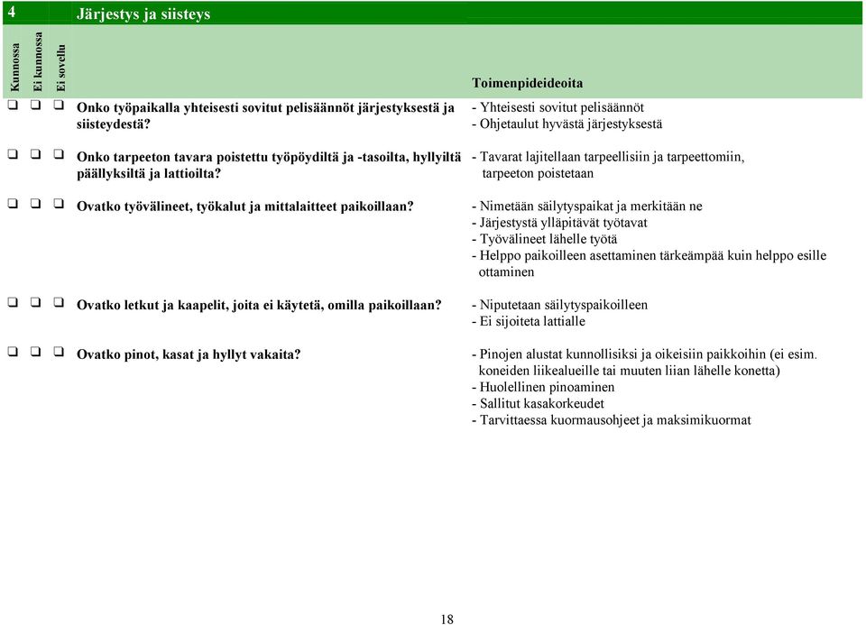 - Tavarat lajitellaan tarpeellisiin ja tarpeettomiin, tarpeeton poistetaan Ovatko työvälineet, työkalut ja mittalaitteet paikoillaan?