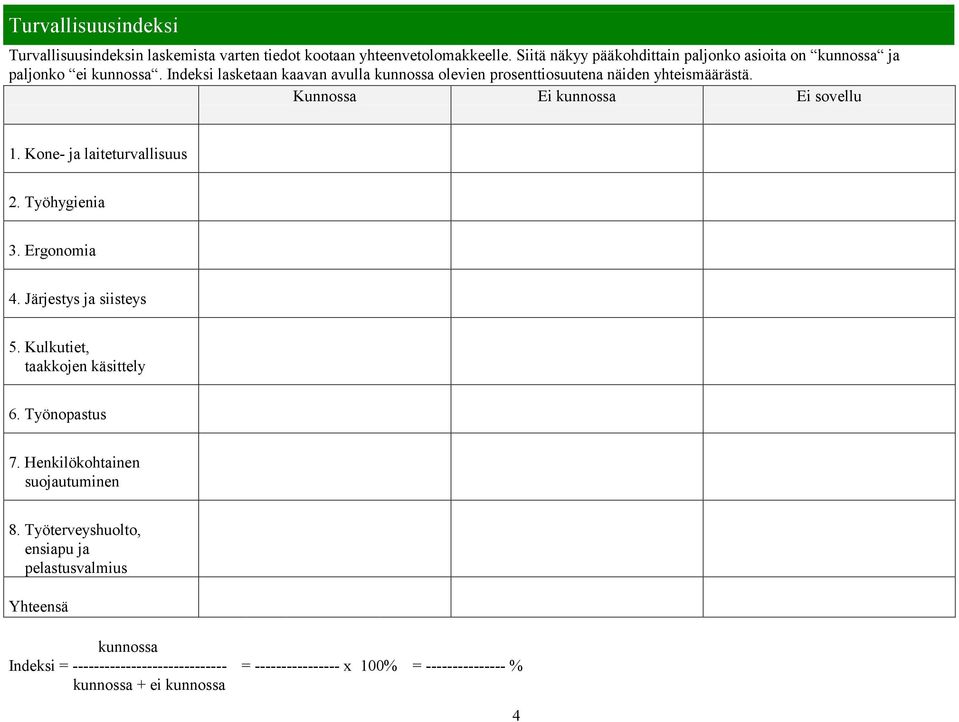 Indeksi lasketaan kaavan avulla kunnossa olevien prosenttiosuutena näiden yhteismäärästä. 1. Kone- ja laiteturvallisuus 2. Työhygienia 3. Ergonomia 4.