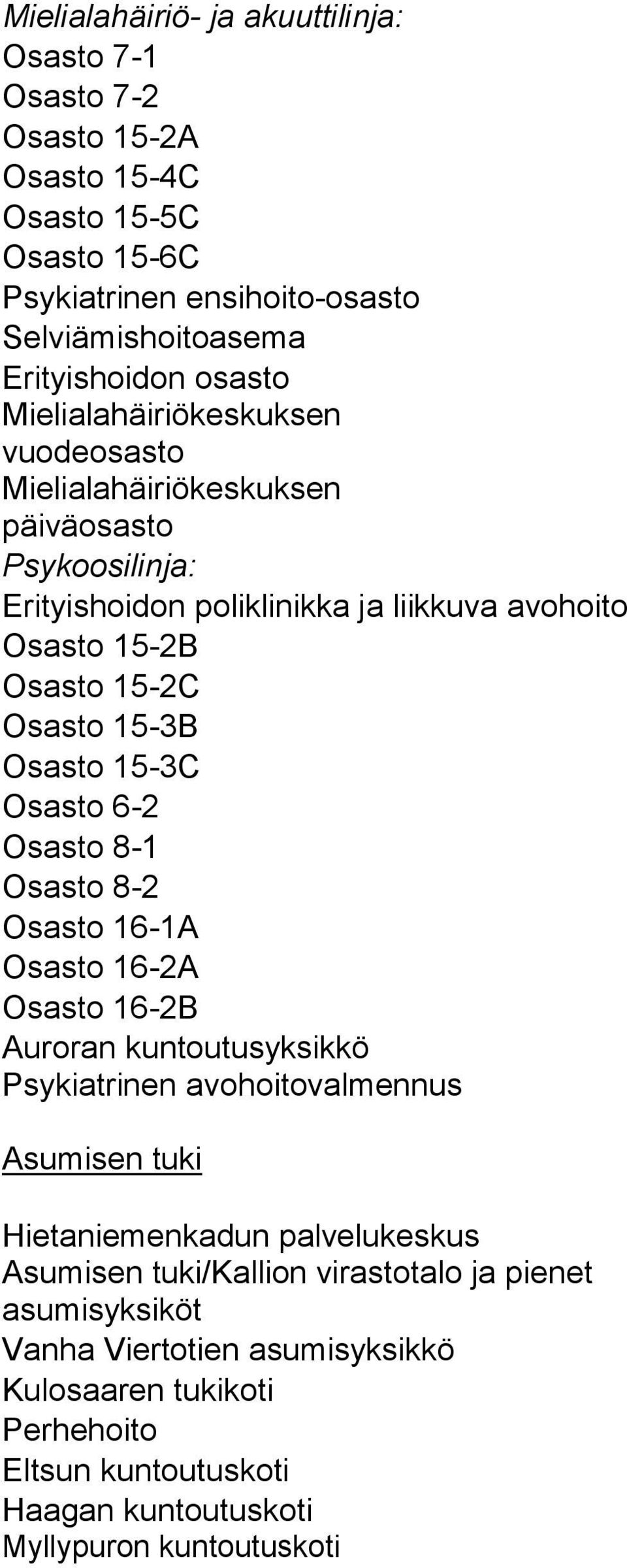 15-3C Osasto 6-2 Osasto 8-1 Osasto 8-2 Osasto 16-1A Osasto 16-2A Osasto 16-2B Auroran kuntoutusyksikkö Psykiatrinen avohoitovalmennus Asumisen tuki Hietaniemenkadun palvelukeskus