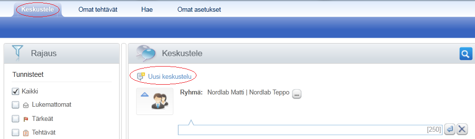 Keskustelu 2) Yleinen keskustelu Käytetään, kun keskustelun ei haluta tallentuvan laskun historiaan (esim.