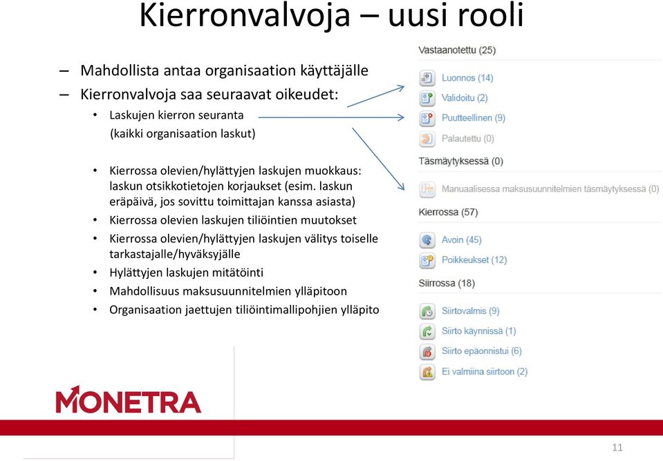 laskun eräpäivä, jos sovittu toimittajan kanssa asiasta) Kierrossa olevien laskujen tiliöintien muutokset Kierrossa olevien/hylättyjen laskujen