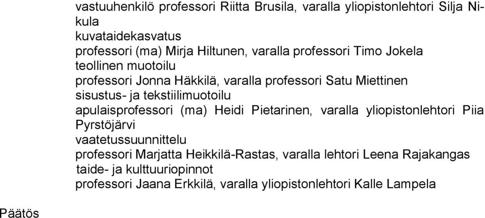 tekstiilimuotoilu apulaisprofessori (ma) Heidi Pietarinen, varalla yliopistonlehtori Piia Pyrstöjärvi vaatetussuunnittelu professori