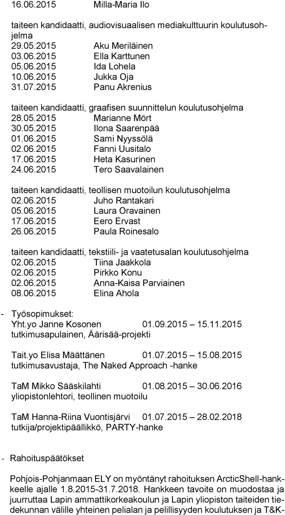 06.2015 Tero Saavalainen taiteen kandidaatti, teollisen muotoilun koulutusohjelma 02.06.2015 Juho Rantakari 05.06.2015 Laura Oravainen 17.06.2015 Eero Ervast 26.06.2015 Paula Roinesalo taiteen kandidaatti, tekstiili- ja vaatetusalan koulutusohjelma 02.